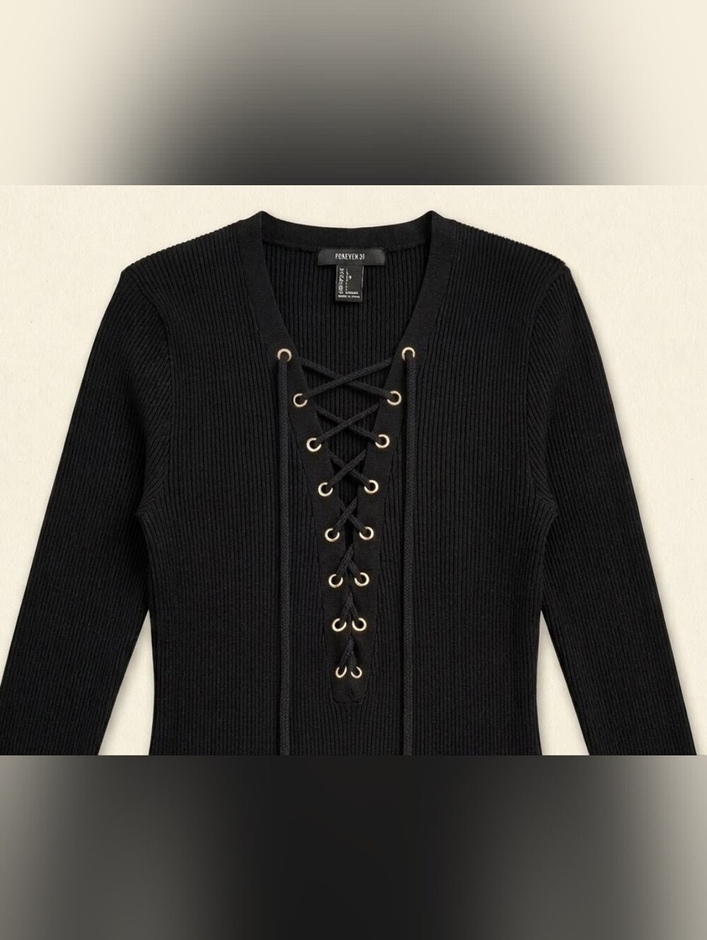 Forever 21 Black Lace-Up Ribbed Long Sleeve Mini Dress